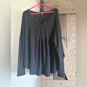 Free People Black Long Sleeve Waffle Henley Peplum Top